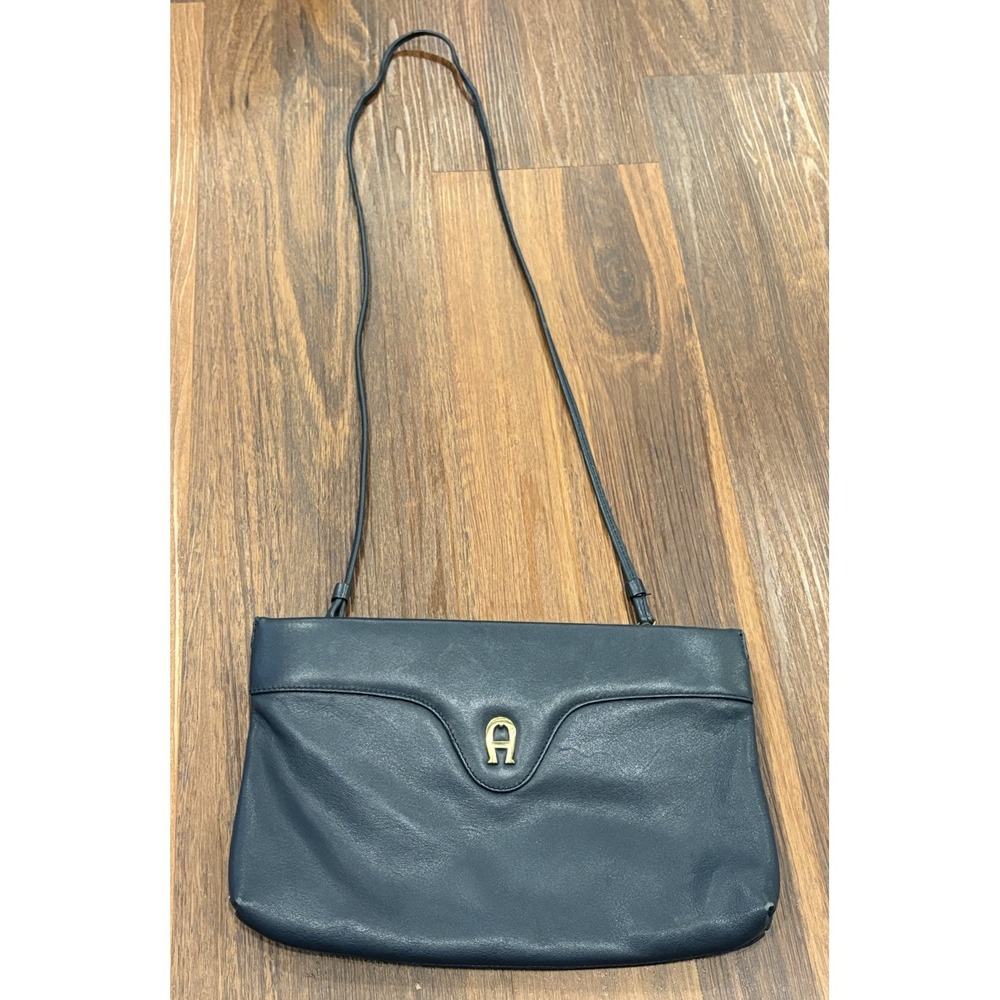 Vtg Etienne Aigner Dark Navy Blue Leather Dual Compart Shoulder Crossbody Clutch